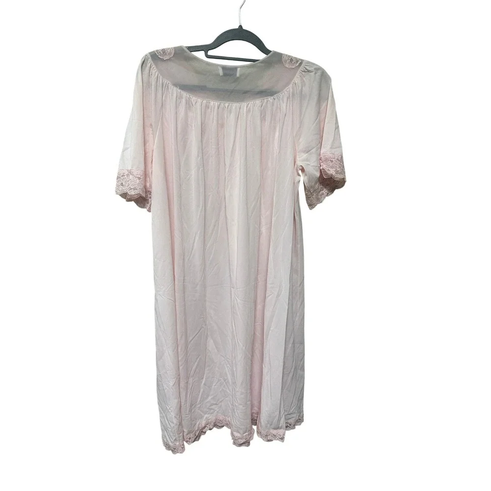 Shadowline‎ Vintage Pink Nightgown Lace Trim Mesh Yoke Floral Embroidery SS XL